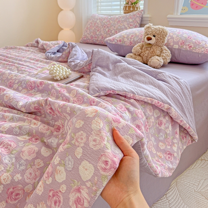 一比一家纺 2025新款云感皱皱纱简单款夏被夏凉被空调被四件套 十里桃花粉