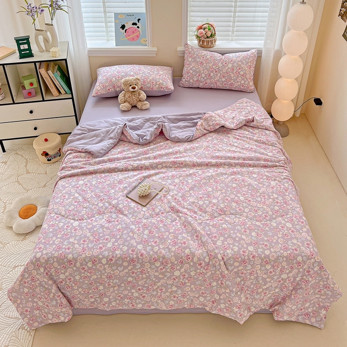 91家纺网 家纺一手货源 找家纺 一比一家纺 2025新款云感皱皱纱简单款夏被夏凉被空调被四件套 十里桃花粉