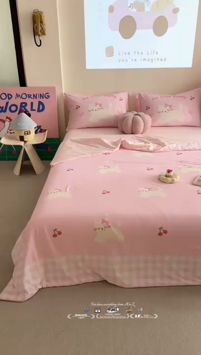 91家纺网 家纺一手货源 找家纺 觅糖2025卡通数码凉感夏被  樱桃猫