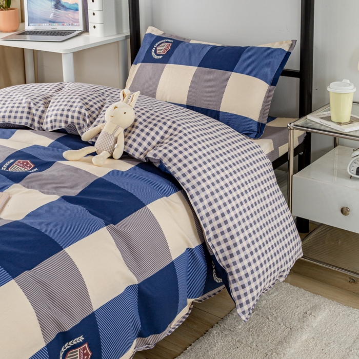 91家纺网 家纺一手货源 找家纺 锦润家纺 2025新款12868床笠床垫套全棉印花学生三件套六件套多件套蓝大格