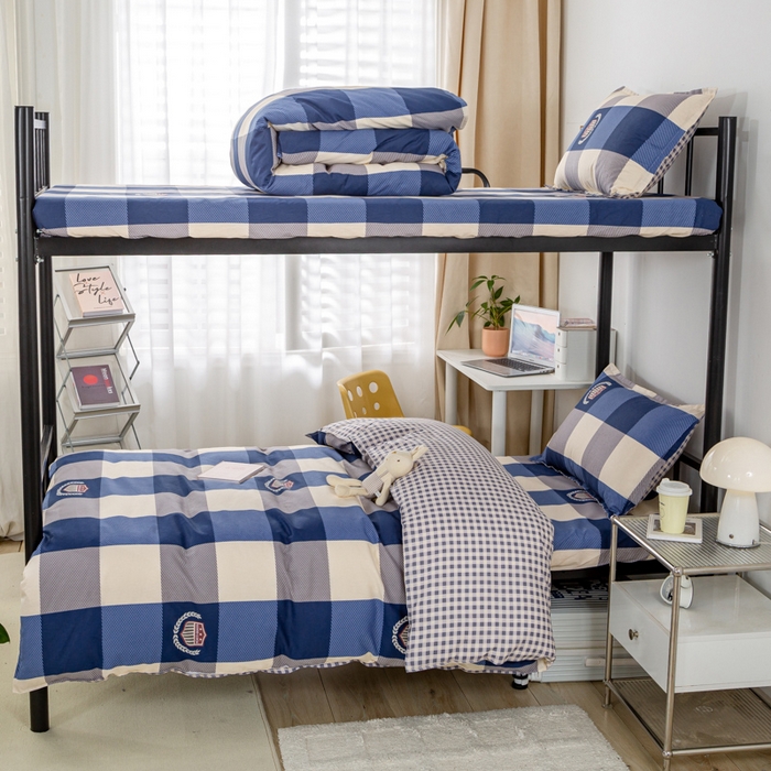 91家纺网 家纺一手货源 找家纺 锦润家纺 2025新款12868床笠床垫套全棉印花学生三件套六件套多件套蓝大格