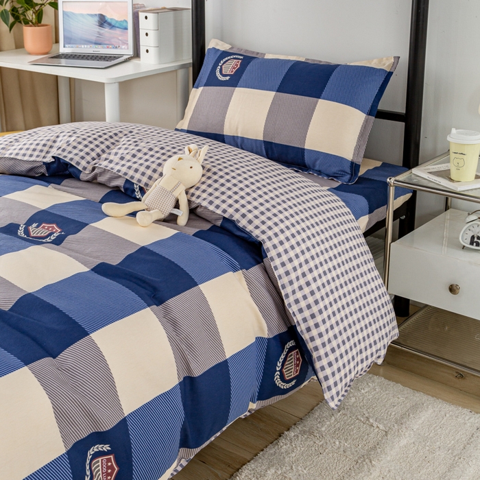 91家纺网 家纺一手货源 找家纺 锦润家纺 2025新款12868床笠床垫套全棉印花学生三件套六件套多件套蓝大格