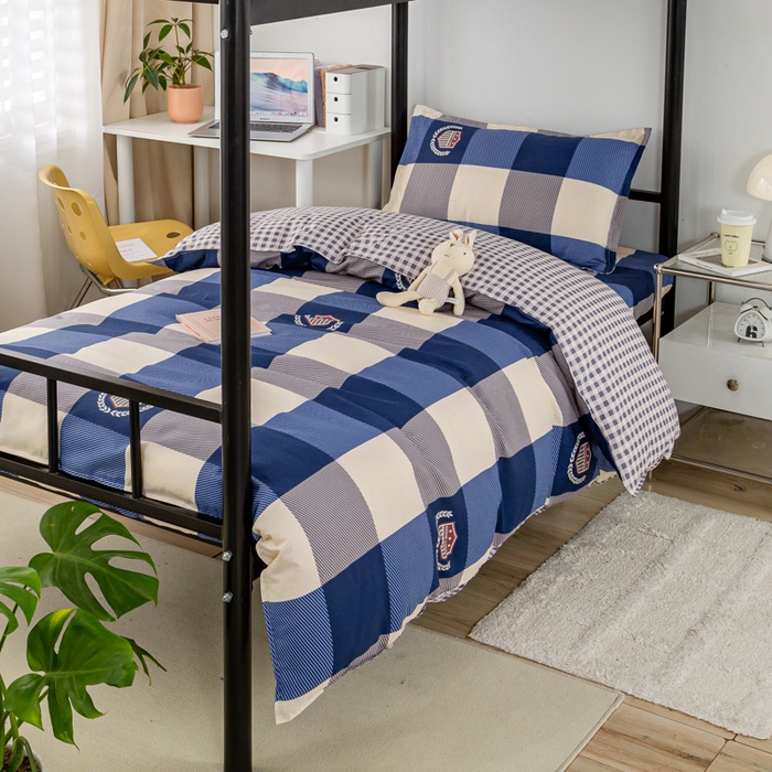 91家纺网 家纺一手货源 找家纺 锦润家纺 2025新款12868床笠床垫套全棉印花学生三件套六件套多件套蓝大格