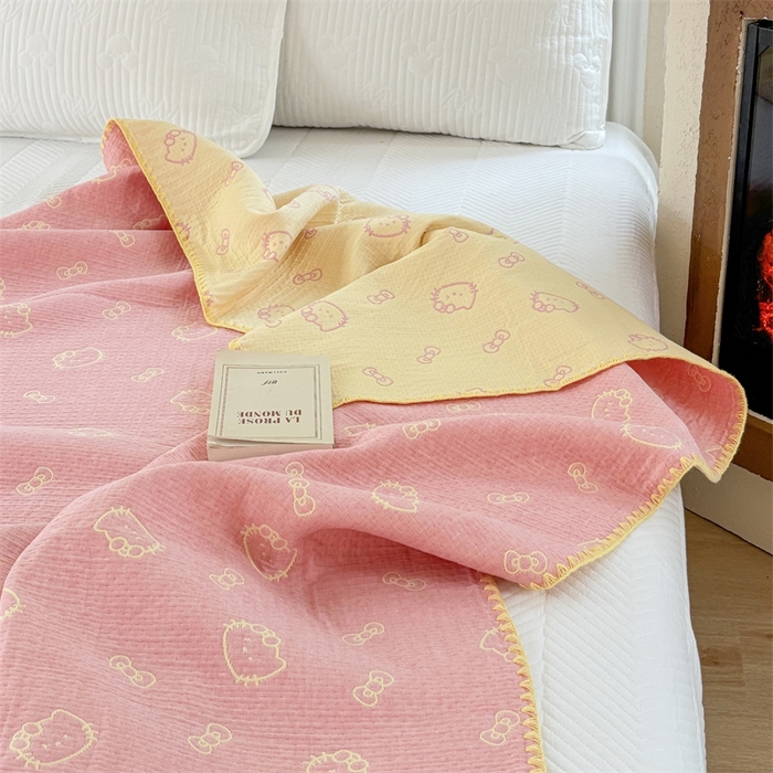 91家纺网 家纺一手货源 找家纺 嘉汀兰家居 2025新款全棉纯棉纱布提花盖毯KT猫-粉