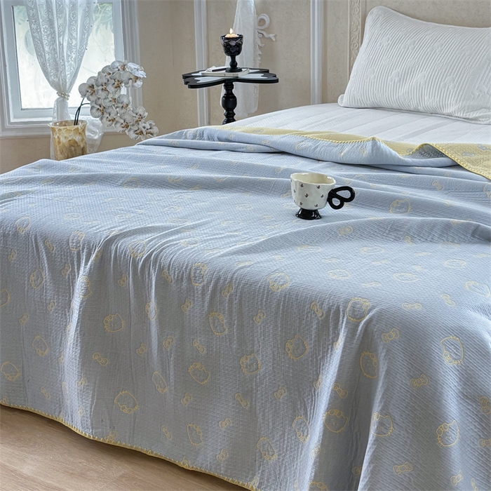 91家纺网 家纺一手货源 找家纺 嘉汀兰家居 2025新款全棉纯棉纱布提花盖毯KT猫-蓝