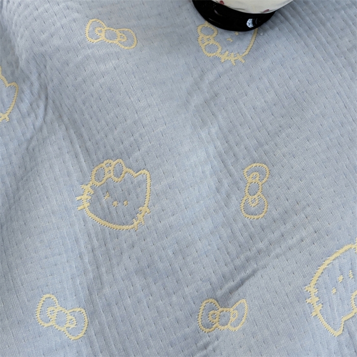 91家纺网 家纺一手货源 找家纺 嘉汀兰家居 2025新款全棉纯棉纱布提花盖毯KT猫-蓝