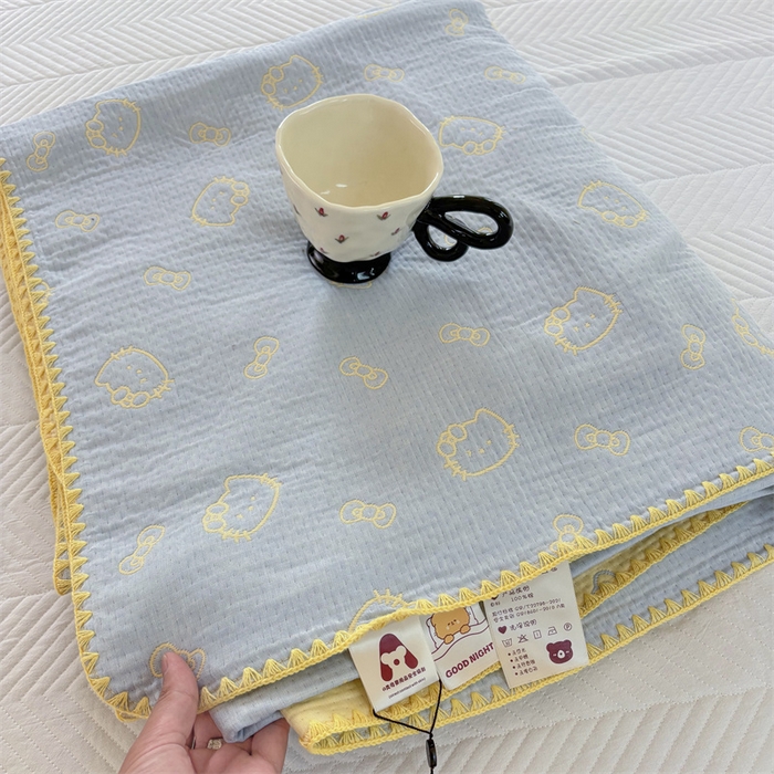 91家纺网 家纺一手货源 找家纺 嘉汀兰家居 2025新款全棉纯棉纱布提花盖毯KT猫-蓝