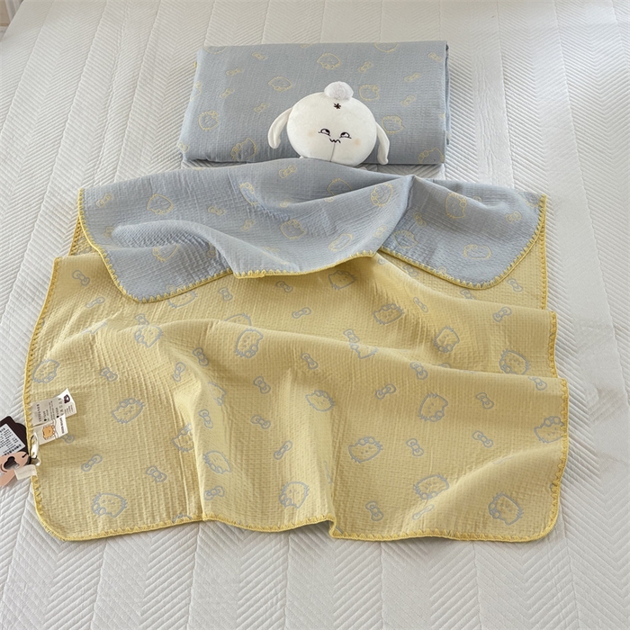 91家纺网 家纺一手货源 找家纺 嘉汀兰家居 2025新款全棉纯棉纱布提花盖毯KT猫-蓝