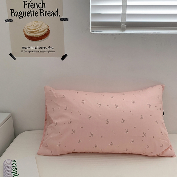 柚可家居 2024新款40支全棉活性印染格子纯棉单枕套 蝴蝶结粉单枕套