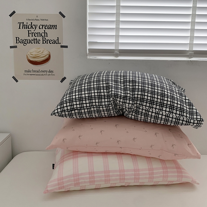 91家纺网 家纺一手货源 找家纺 柚可家居 2024新款40支全棉活性印染格子纯棉单枕套 蝴蝶结粉单枕套