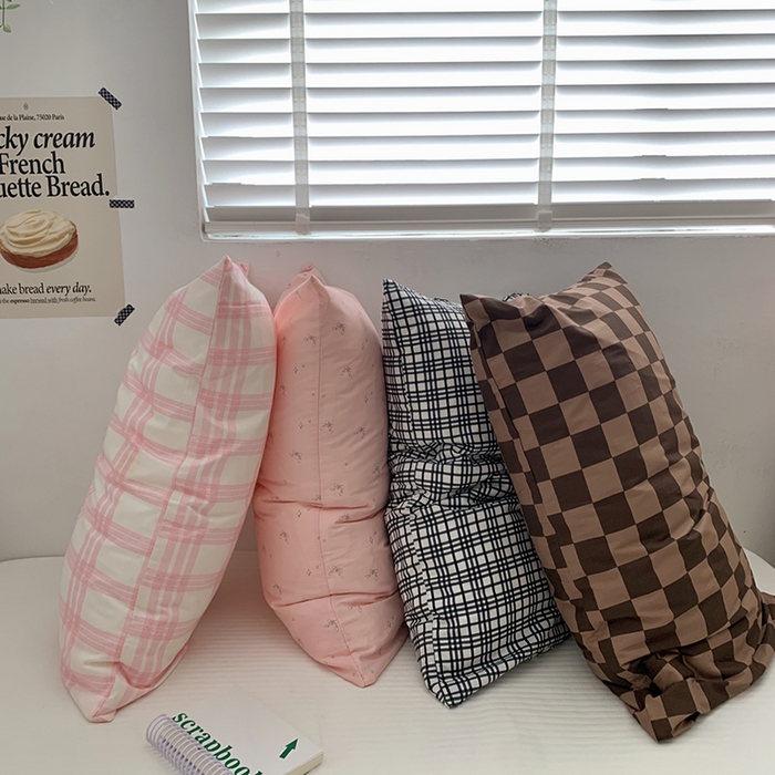 91家纺网 家纺一手货源 找家纺 柚可家居 2024新款40支全棉活性印染格子纯棉单枕套 蝴蝶结粉单枕套
