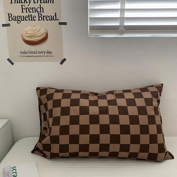 柚可家居 2024新款40支全棉活性印染格子纯棉单枕套 咖格单枕套