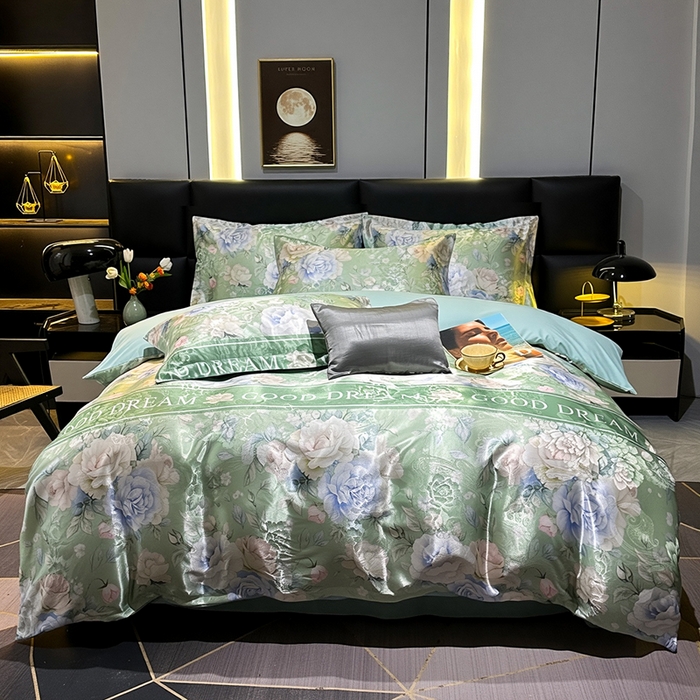 91家纺网 家纺一手货源 找家纺 许林家纺 2025新款提花贡缎轻奢数码活性印花四件套 漫桔