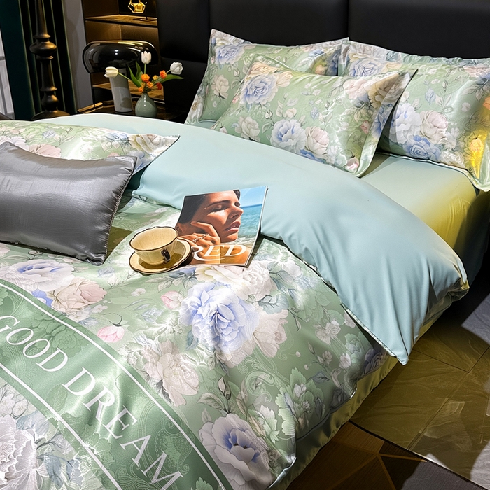 91家纺网 家纺一手货源 找家纺 许林家纺 2025新款提花贡缎轻奢数码活性印花四件套 漫桔