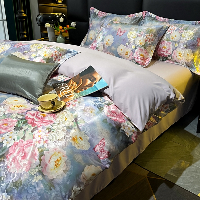 91家纺网 家纺一手货源 找家纺 许林家纺 2025新款提花贡缎轻奢数码活性印花四件套 绮梦花园