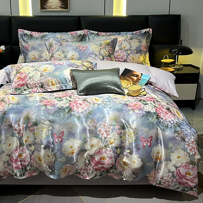 91家纺网 家纺一手货源 找家纺 许林家纺 2025新款提花贡缎轻奢数码活性印花四件套 绮梦花园