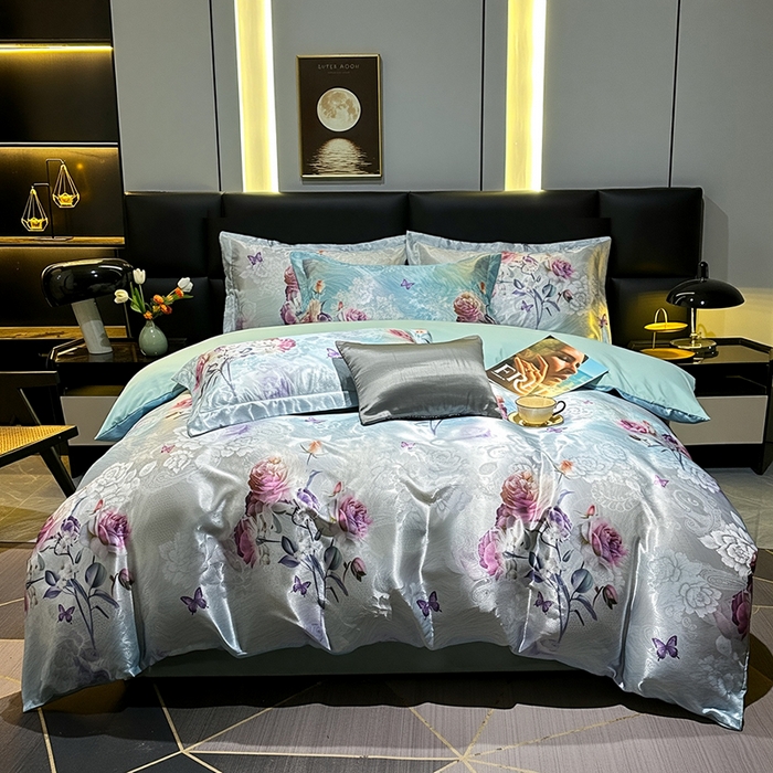 91家纺网 家纺一手货源 找家纺 许林家纺 2025新款提花贡缎轻奢数码活性印花四件套 人间山茶