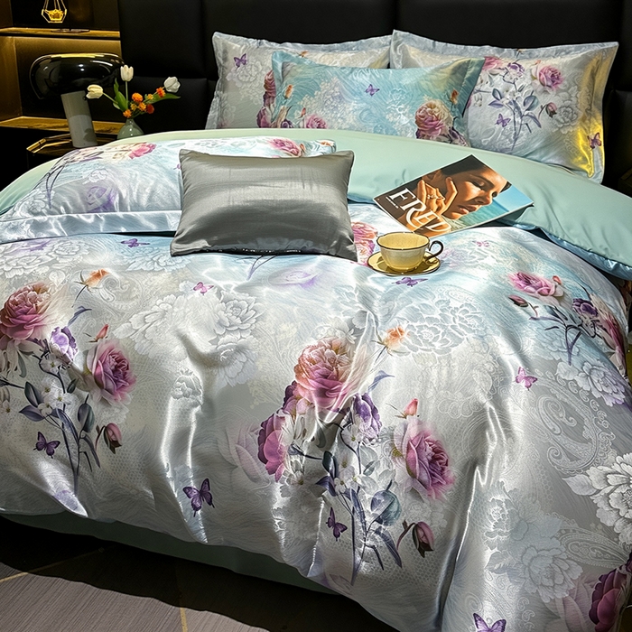 91家纺网 家纺一手货源 找家纺 许林家纺 2025新款提花贡缎轻奢数码活性印花四件套 人间山茶