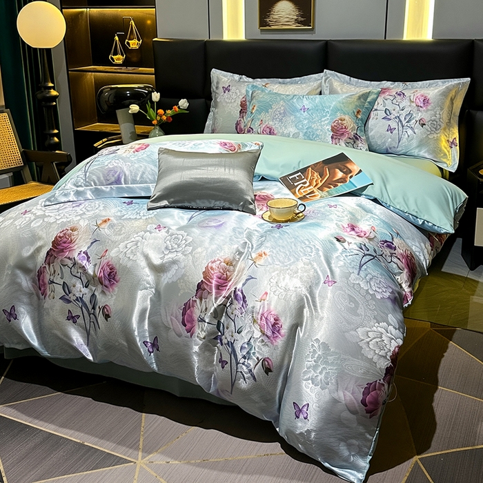 91家纺网 家纺一手货源 找家纺 许林家纺 2025新款提花贡缎轻奢数码活性印花四件套 人间山茶