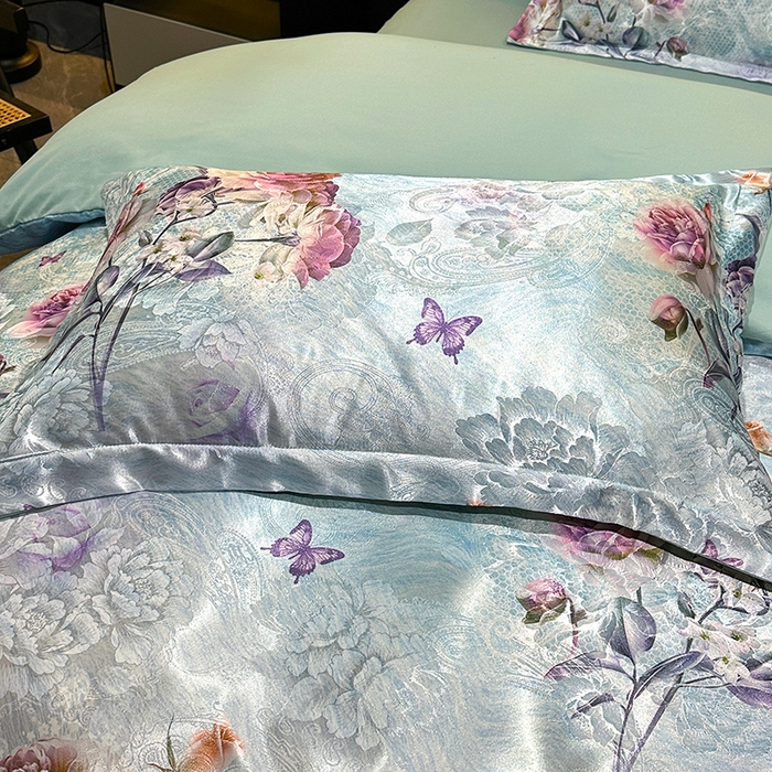 91家纺网 家纺一手货源 找家纺 许林家纺 2025新款提花贡缎轻奢数码活性印花四件套 人间山茶