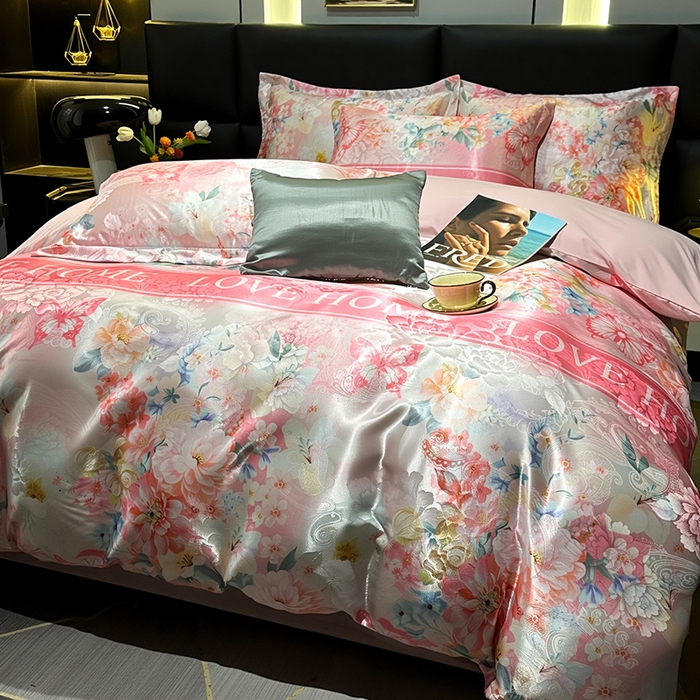 91家纺网 家纺一手货源 找家纺 许林家纺 2025新款提花贡缎轻奢数码活性印花四件套 瑞彩流光