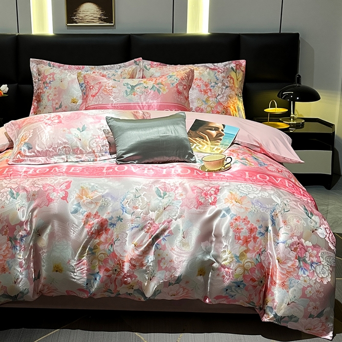 91家纺网 家纺一手货源 找家纺 许林家纺 2025新款提花贡缎轻奢数码活性印花四件套 瑞彩流光