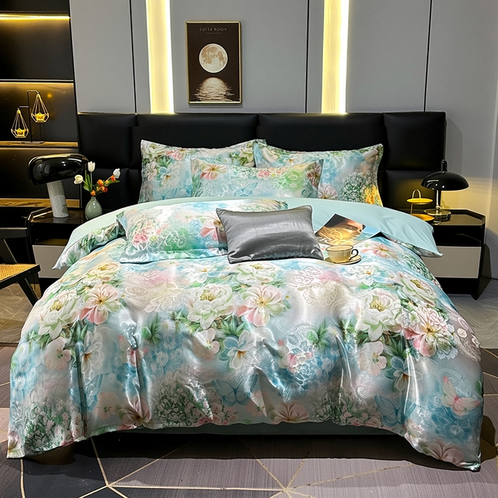 91家纺网 家纺一手货源 找家纺 许林家纺 2025新款提花贡缎轻奢数码活性印花四件套 踏花香