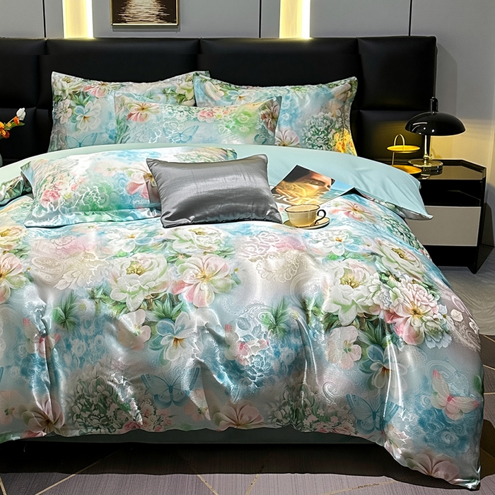 91家纺网 家纺一手货源 找家纺 许林家纺 2025新款提花贡缎轻奢数码活性印花四件套 踏花香