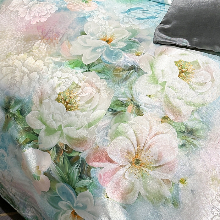 91家纺网 家纺一手货源 找家纺 许林家纺 2025新款提花贡缎轻奢数码活性印花四件套 踏花香