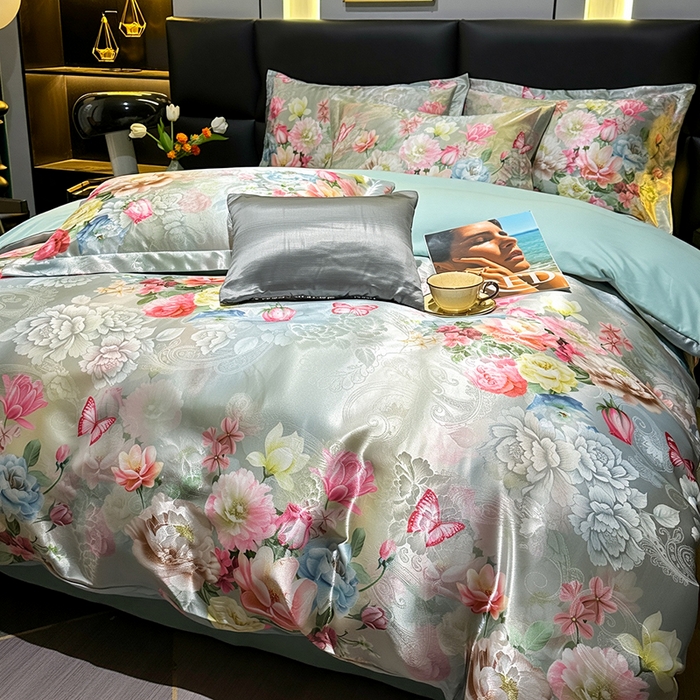 91家纺网 家纺一手货源 找家纺 许林家纺 2025新款提花贡缎轻奢数码活性印花四件套 雨雾