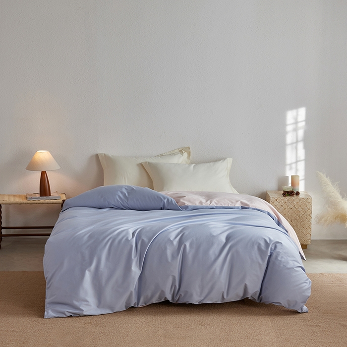 91家纺网 家纺一手货源 找家纺 轩和家居 2025新款50S贡缎长绒棉纯棉单被套单品被套被套单件 碧落蓝+夏恋粉