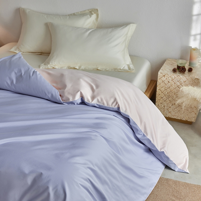 91家纺网 家纺一手货源 找家纺 轩和家居 2025新款50S贡缎长绒棉纯棉单被套单品被套被套单件 碧落蓝+夏恋粉
