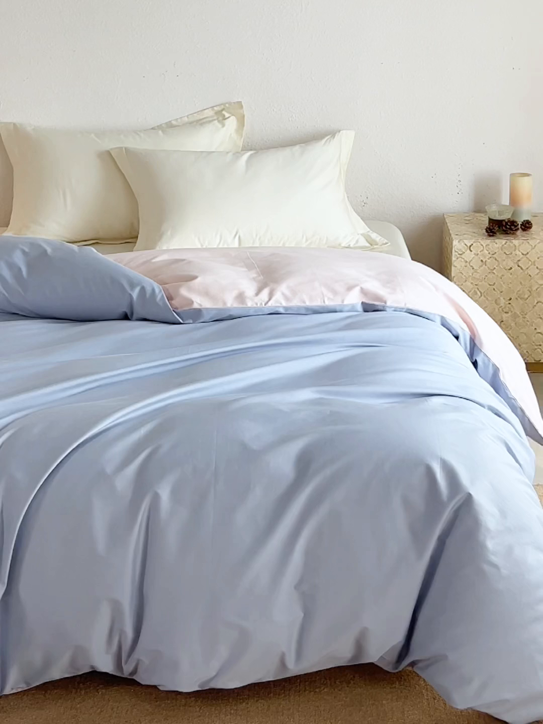 91家纺网 家纺一手货源 找家纺 轩和家居 2025新款50S贡缎长绒棉纯棉单被套单品被套被套单件 碧落蓝+夏恋粉