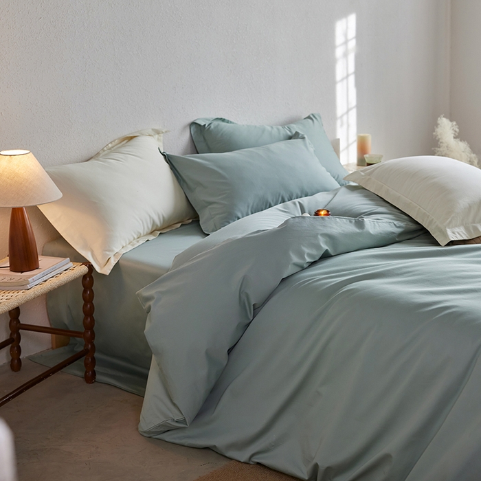 91家纺网 家纺一手货源 找家纺 轩和家居 2025新款50S贡缎长绒棉纯棉四件套 薄荷绿