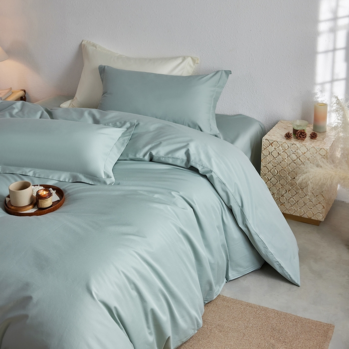 91家纺网 家纺一手货源 找家纺 轩和家居 2025新款50S贡缎长绒棉纯棉四件套 薄荷绿