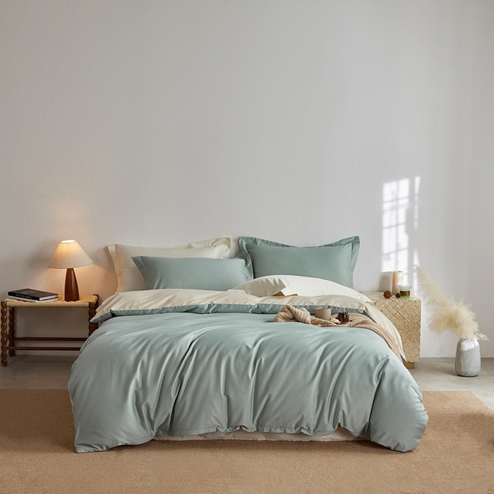 91家纺网 家纺一手货源 找家纺 轩和家居 2025新款50S贡缎长绒棉纯棉四件套 薄荷绿+浅香槟