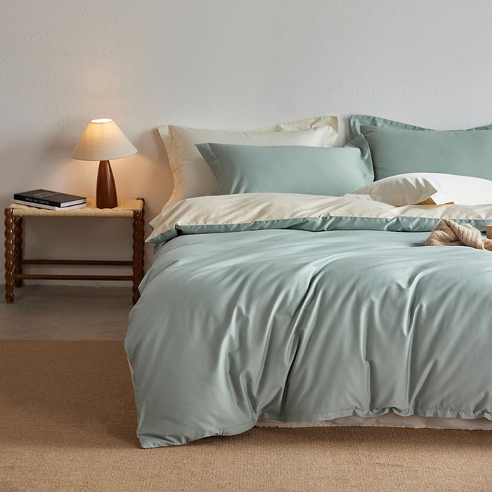 91家纺网 家纺一手货源 找家纺 轩和家居 2025新款50S贡缎长绒棉纯棉四件套 薄荷绿+浅香槟