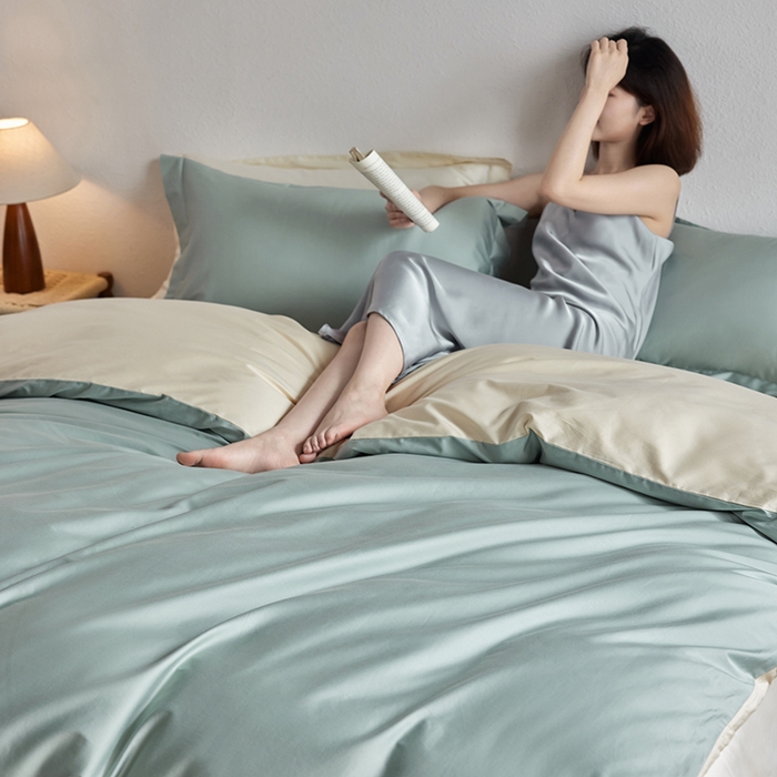 91家纺网 家纺一手货源 找家纺 轩和家居 2025新款50S贡缎长绒棉纯棉四件套 薄荷绿+浅香槟