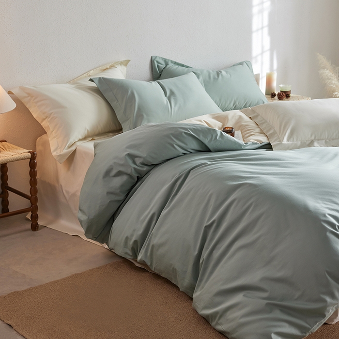 91家纺网 家纺一手货源 找家纺 轩和家居 2025新款50S贡缎长绒棉纯棉四件套 薄荷绿+浅香槟