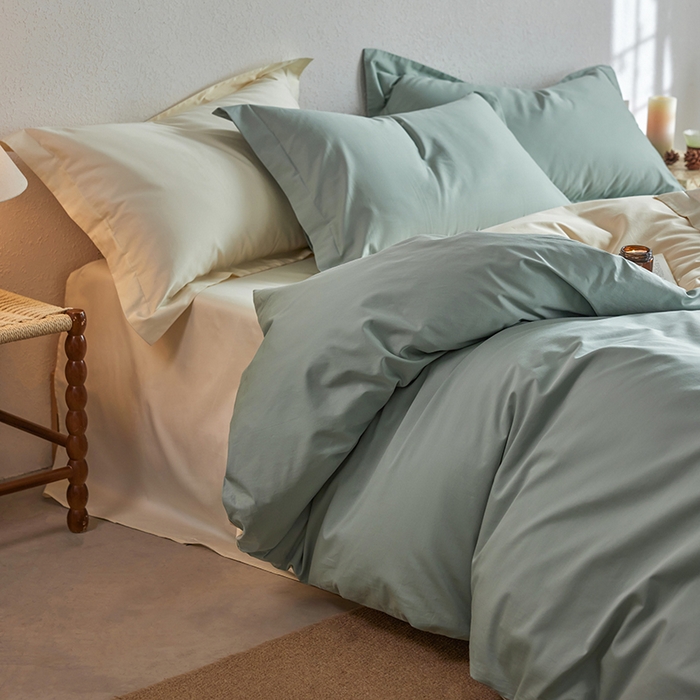 91家纺网 家纺一手货源 找家纺 轩和家居 2025新款50S贡缎长绒棉纯棉四件套 薄荷绿+浅香槟