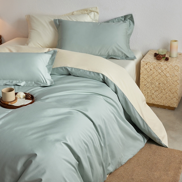 91家纺网 家纺一手货源 找家纺 轩和家居 2025新款50S贡缎长绒棉纯棉四件套 薄荷绿+浅香槟