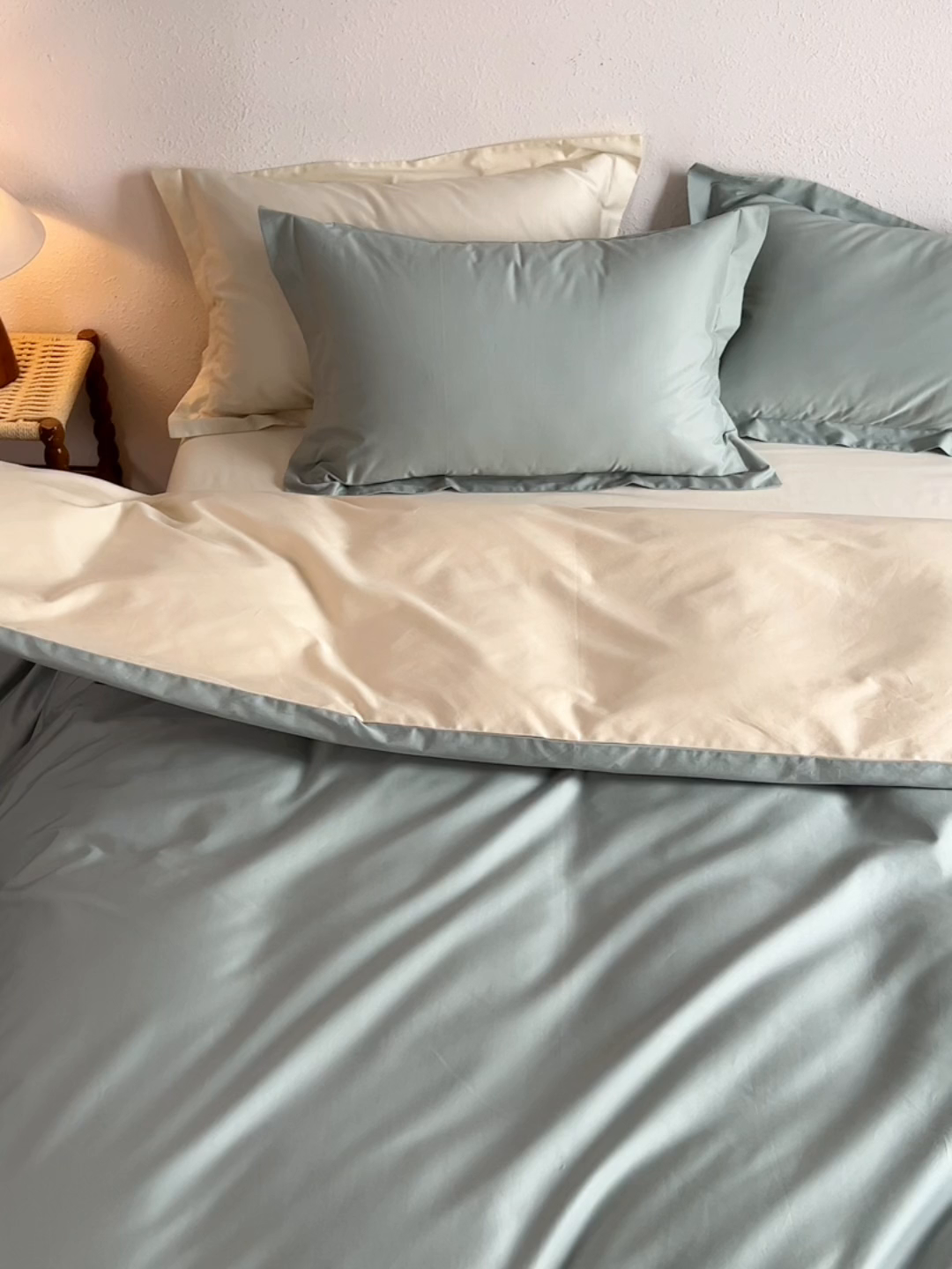 91家纺网 家纺一手货源 找家纺 轩和家居 2025新款50S贡缎长绒棉纯棉四件套 薄荷绿+浅香槟