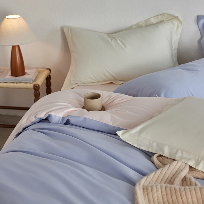 91家纺网 家纺一手货源 找家纺 轩和家居 2025新款50S贡缎长绒棉纯棉四件套 碧落蓝+夏恋粉