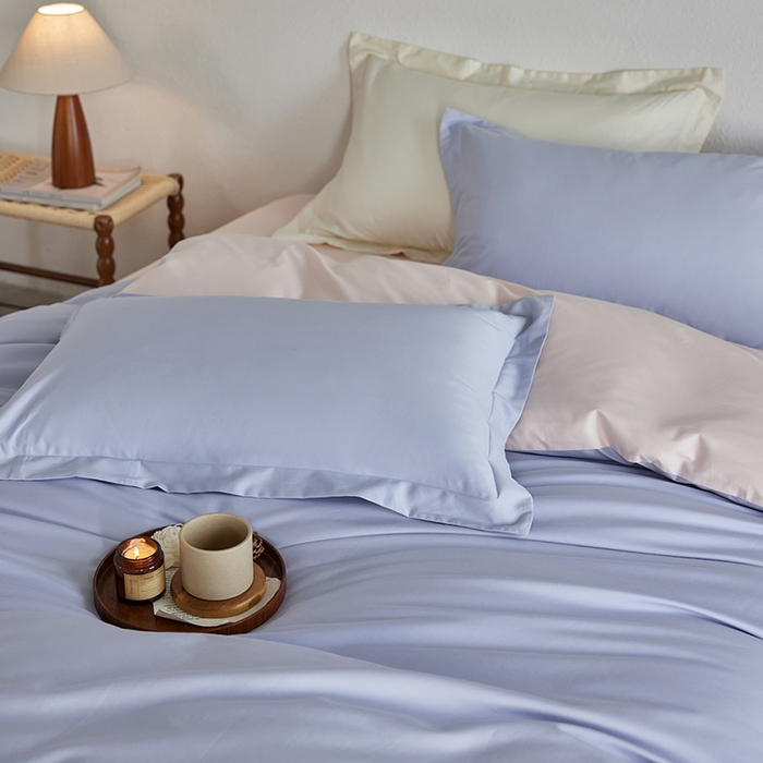 91家纺网 家纺一手货源 找家纺 轩和家居 2025新款50S贡缎长绒棉纯棉四件套 碧落蓝+夏恋粉