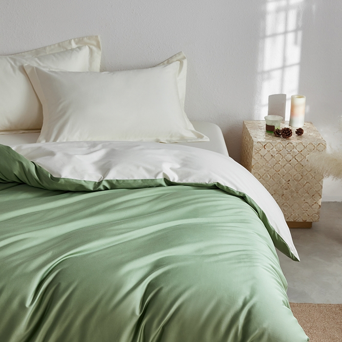 91家纺网 家纺一手货源 找家纺 轩和家居 2025新款50S贡缎长绒棉纯棉单被套单品被套被套单件 抹茶绿+奶芋黄
