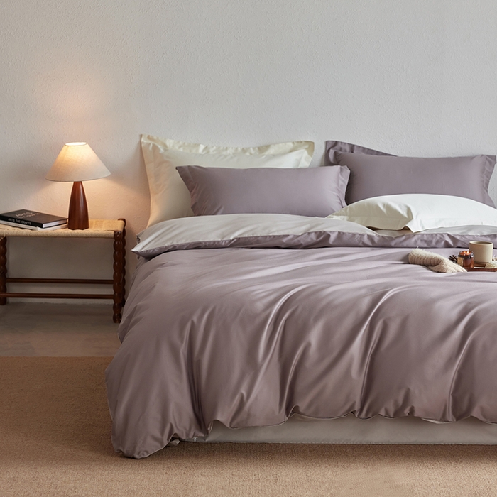 91家纺网 家纺一手货源 找家纺 轩和家居 2025新款50S贡缎长绒棉纯棉四件套 丹麦紫+迷雾灰