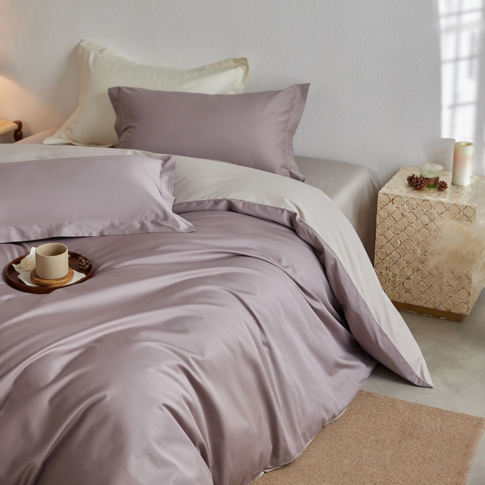 91家纺网 家纺一手货源 找家纺 轩和家居 2025新款50S贡缎长绒棉纯棉四件套 丹麦紫+迷雾灰