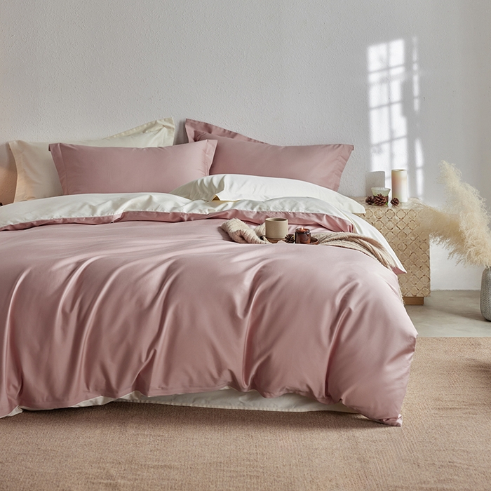 91家纺网 家纺一手货源 找家纺 轩和家居 2025新款50S贡缎长绒棉纯棉四件套 复古粉+奶芋黄