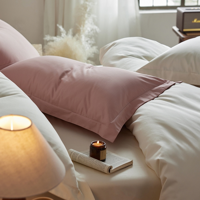 91家纺网 家纺一手货源 找家纺 轩和家居 2025新款50S贡缎长绒棉纯棉四件套 复古粉+奶芋黄