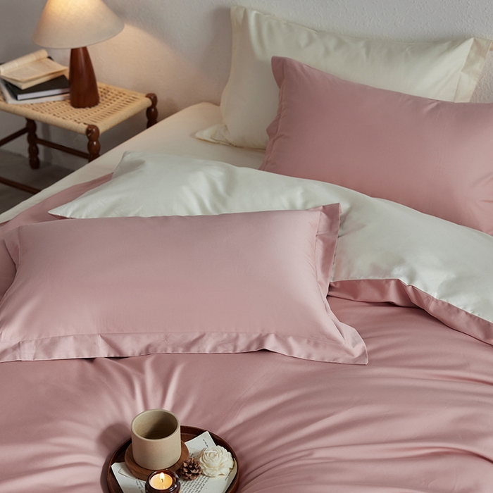 91家纺网 家纺一手货源 找家纺 轩和家居 2025新款50S贡缎长绒棉纯棉四件套 复古粉+奶芋黄